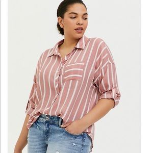 DUSTY PINK & WHITE STRIPE BUTTON FRONT TUNIC SHIRT